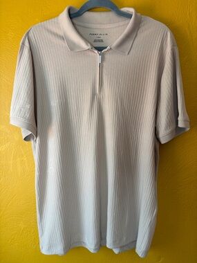 Perry Ellis Men’s Light Beige Ribbed 1/4-Zip Short Sleeve Polo Sz Large NWOT